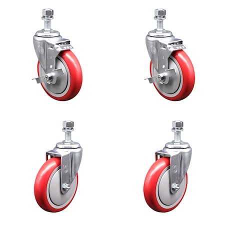 Service Caster 5 Inch Red Polyurethane Wheel Swivel 12mm Threaded Stem Caster Brake, 2PK SCC-TS20S514-PPUB-RED-TLB-M1215-2-S2